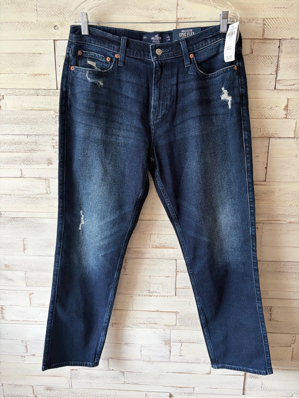 Hollister Men’s Dark Wash Distressed Jeans - Navy Blue epic flex 90s slim 32x30